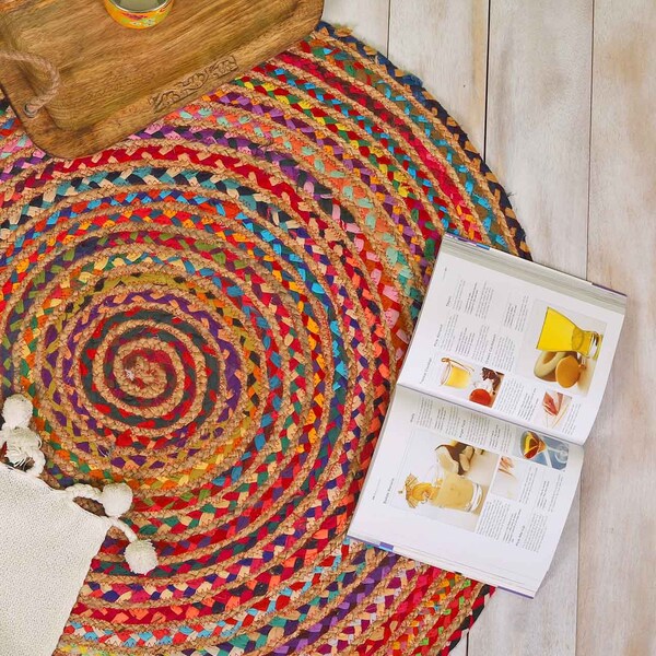 Hand Braided Bohemian Colorful Cotton Chindi Area Rug multi color Home Decor Rugs cotton area rugs Round Rug Home Decor Rag Rug Area Rug