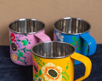 Floral Handpainted Stainless Steel Enamel Mug/Cup, handmade mug, travel mug gift for Her