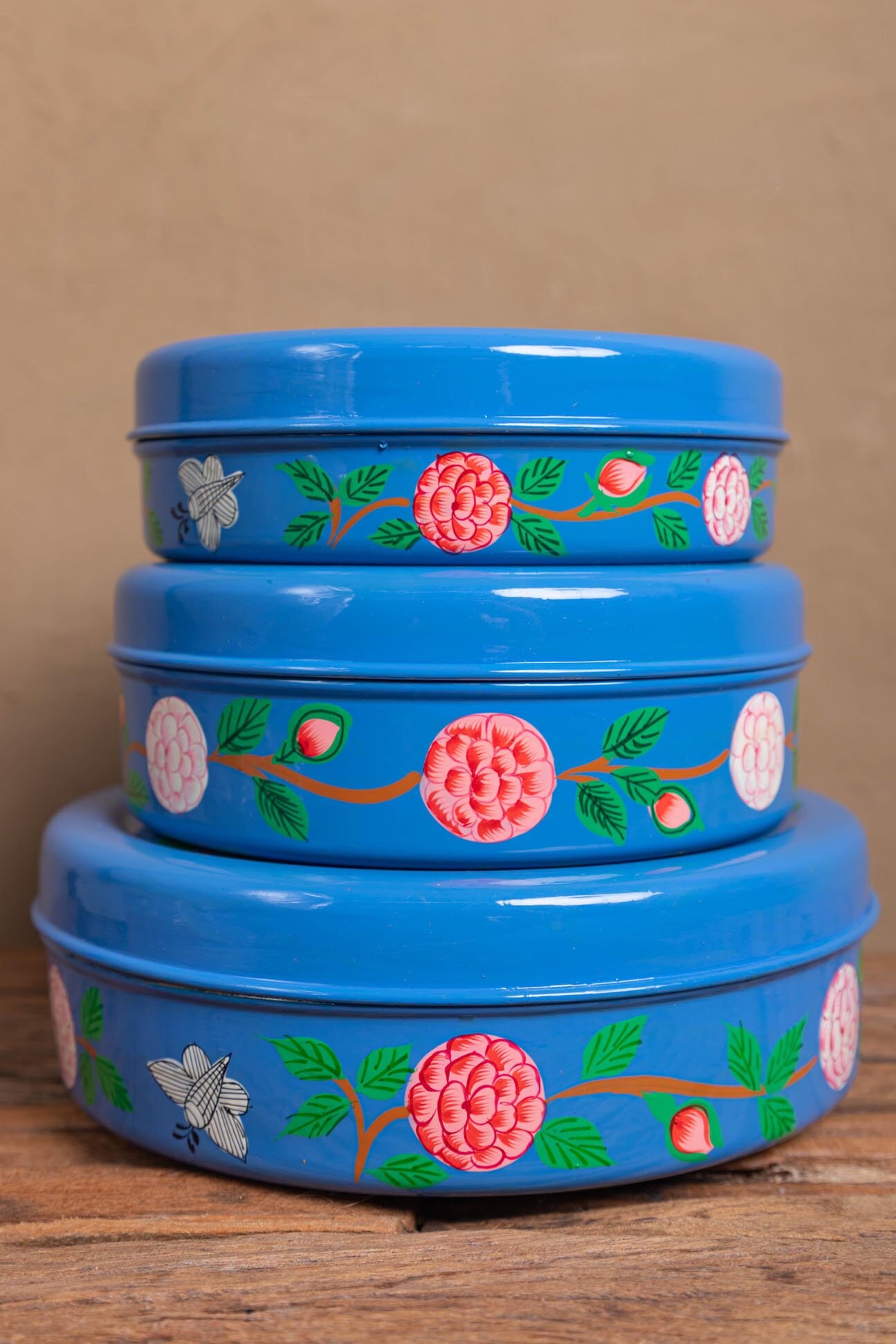 Blue - Floral Handpainted Enamelware Stainless Steel Container (Set of 4)