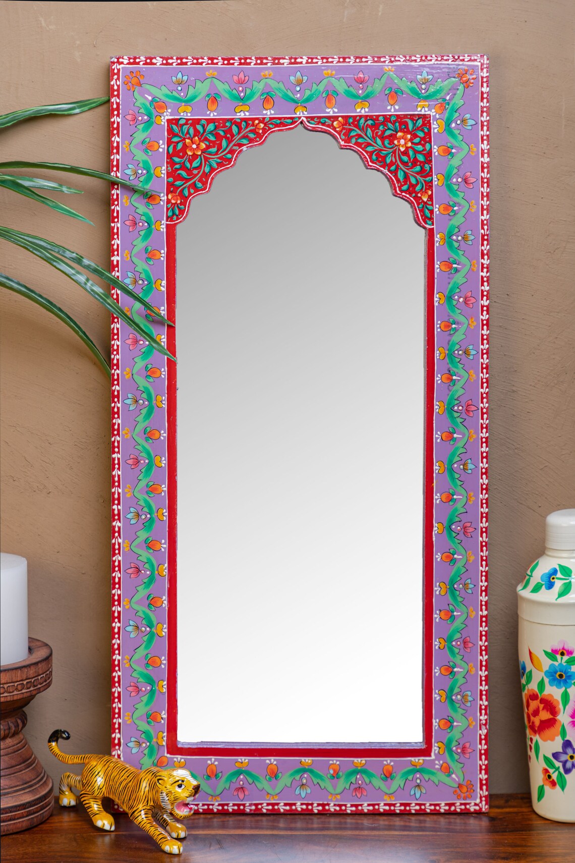 Aqua Arched Wooden Mandir Wall Mirror with Mehendi Work Etsy