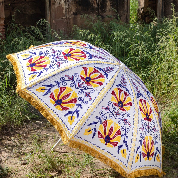 Indian Cotton Patchwork Garden Umbrella - Vibrant and Artistic New Big Size Large Umbrella - Fine Hand Embroidery - Stylish and Functional