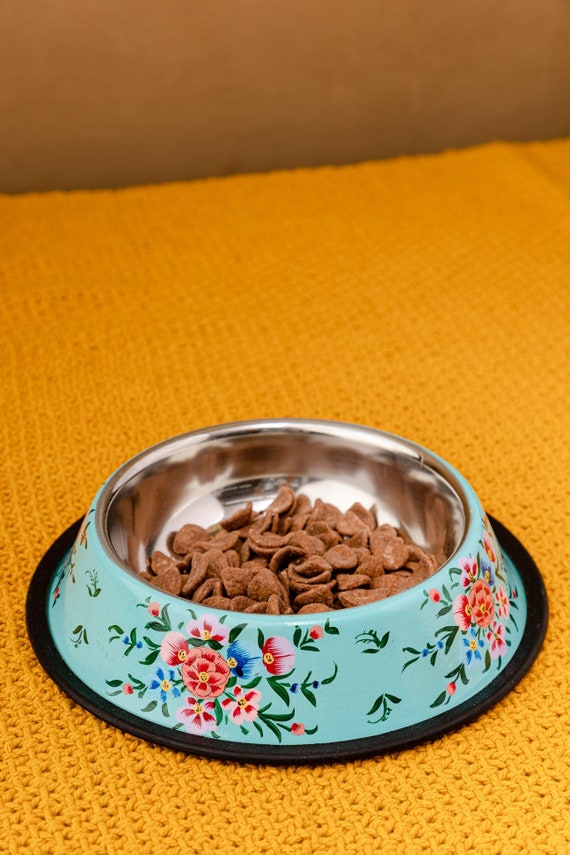 Blue Floral Handpainted Stainless Steel Enamel Pet Food Bowl Extra