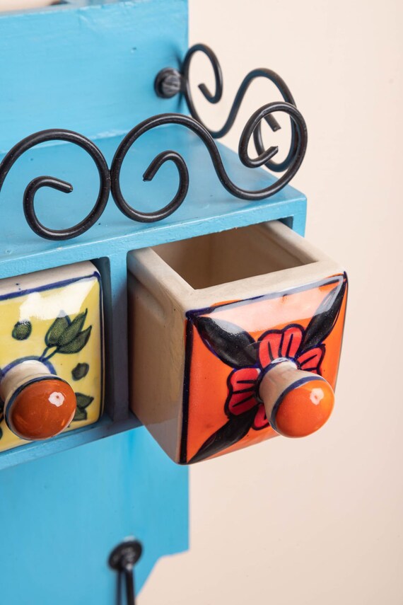 Wooden Hand painted Spice Rack With Drawers Jars Hooks handmade