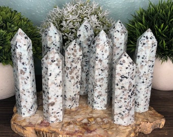May include: A collection of white and gray granite crystal points, also known as "white granite" or "snowflake obsidian", arranged on a natural wood slice. The points are polished and have a speckled appearance.