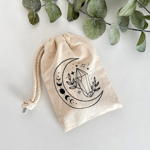Pochon en coton recyclé, motifs lunes et cristal - 2 tailles au choix