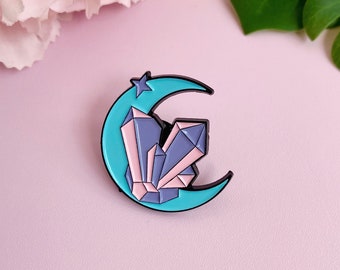 Black enamel moon pin and pastel colored crystals