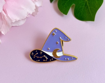 Gold enameled pin purple witch hat with crescent moon