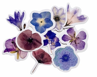 Set of 10 mini flower stickers blue purple tones