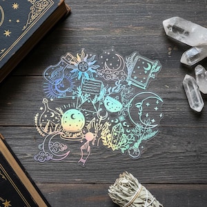 Holografische Zauberaufkleber. Set mit 15 schillernden Aufklebern: Zaubertränke, Zauberbuch, Kristalle. Perfekt zum Dekorieren von Laptop, Tagebuch oder dem Zimmer einer modernen Hexe.