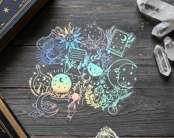 Holographic Magic Stickers. Set of 15 iridescent stickers: potions, spellbook, crystals. Perfect for decorating your laptop, journal, or modern witch's room.