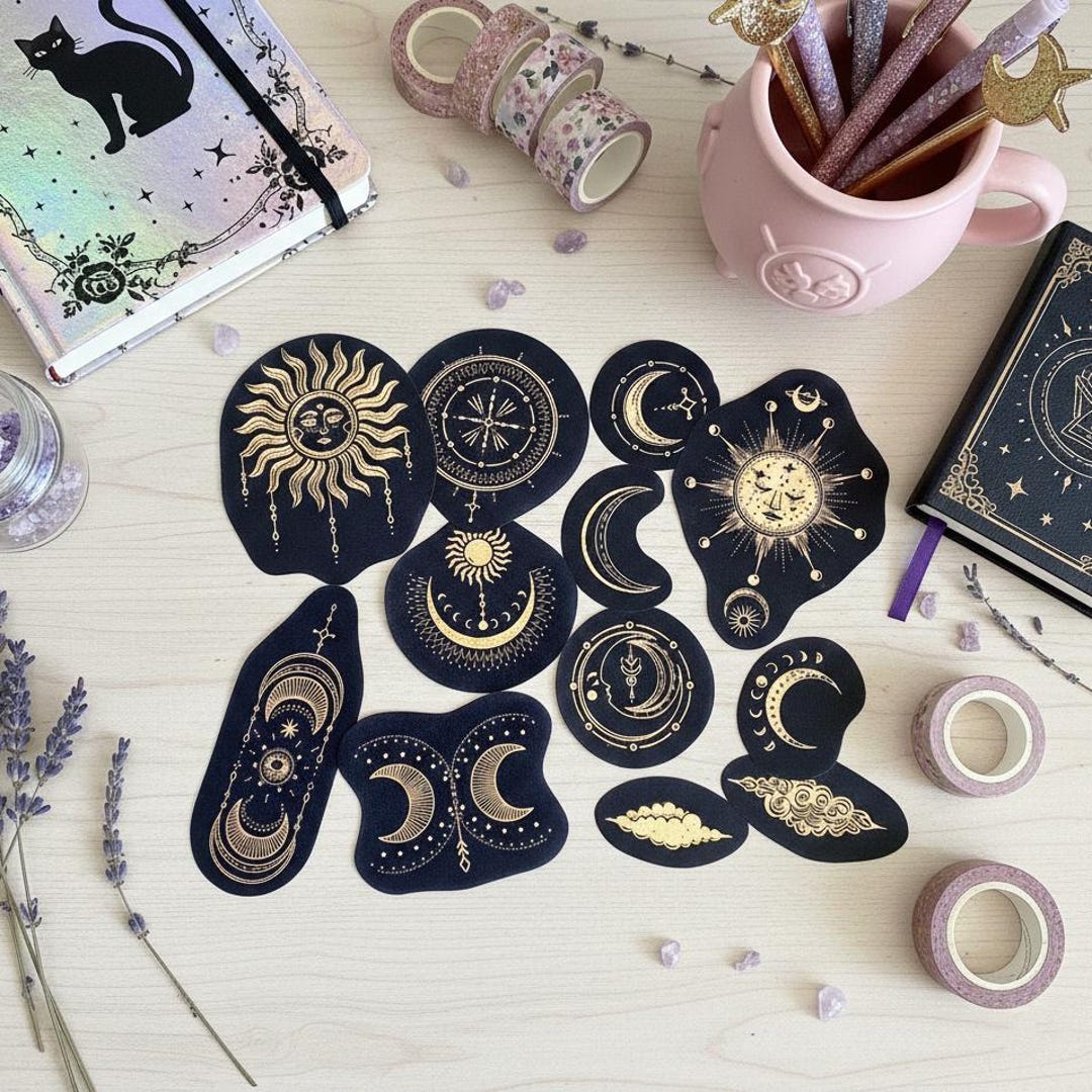 Black and Gold Celestial Body Stickers. Set of 12 Mystical Stickers ...