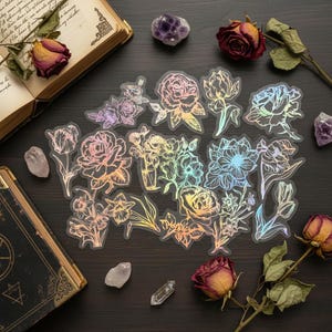 Set de 15 stickers autocollants holographiques dorés fleurs