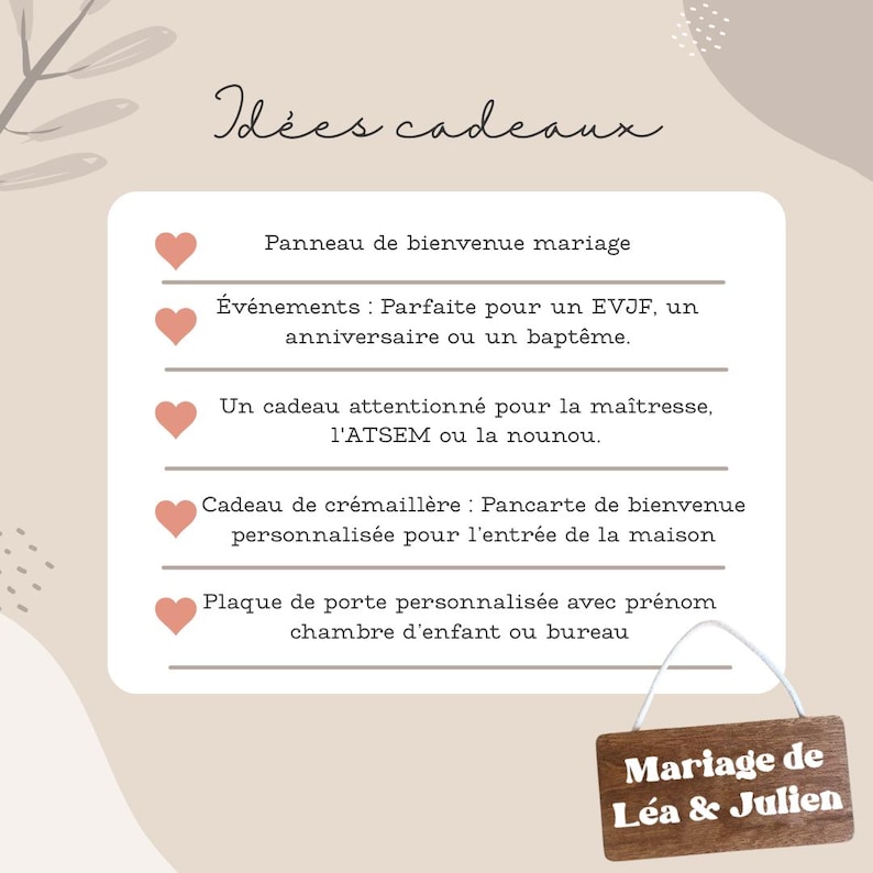 Puede incluir: Un gr&aacute;fico beige claro con el texto "Id&eacute;es cadeaux" e ideas de regalo. Incluye un letrero de madera que dice "Mariage de L&eacute;a & Julien". El gr&aacute;fico enumera ideas de regalo para bodas, eventos, profesores, inauguraciones y placas de puerta personalizadas.