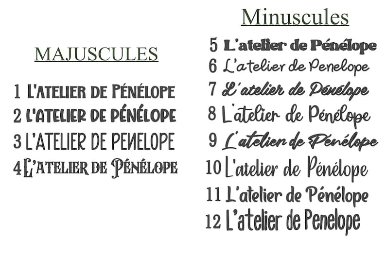 Puede incluir: Imagen que muestra diferentes estilos de texto de "L'ATELIER DE P&Eacute;N&Eacute;LOPE" y "L'atelier de P&eacute;n&eacute;lope" en may&uacute;sculas y min&uacute;sculas. El texto es negro, con los encabezados "MAJUSCULES" y "Minuscules" en verde.