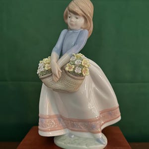 May include: A porcelain figurine of a girl in a blue dress and white skirt holding a basket of yellow and white flowers. The figurine is standing on a wooden base.