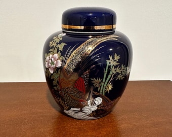 Ginger Jar: Cobalt Blue with gold trim, hand painted, Asian themed