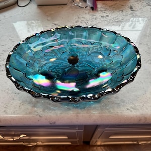Vintage 1970s Indiana Glass Iridescent Blue Carnival Glass Footed Harvest Pattern Oval Center Bowl - Excellent Condition FREE SHIPPING
