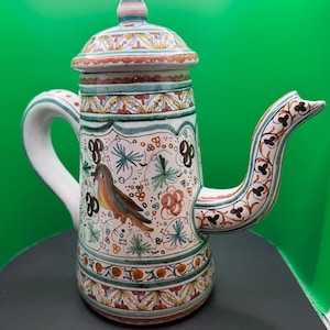 Vintage VN Ancos Teekanne – handbemalte portugiesische Fayence – Coimbra Sec SVII Keramik mit Vogelmotiv und Deckel