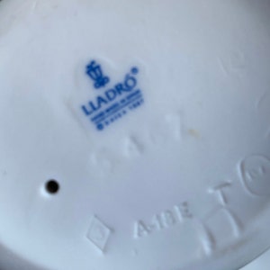 May include: A white porcelain figurine with a blue Lladro logo and the number 1477. The figurine is marked with the text "Made in Spain" and a diamond shape.