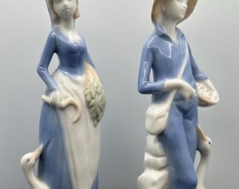 Vintage Brinn's Blue and White Figurines, Man-Woman with Geese (set of 2)
