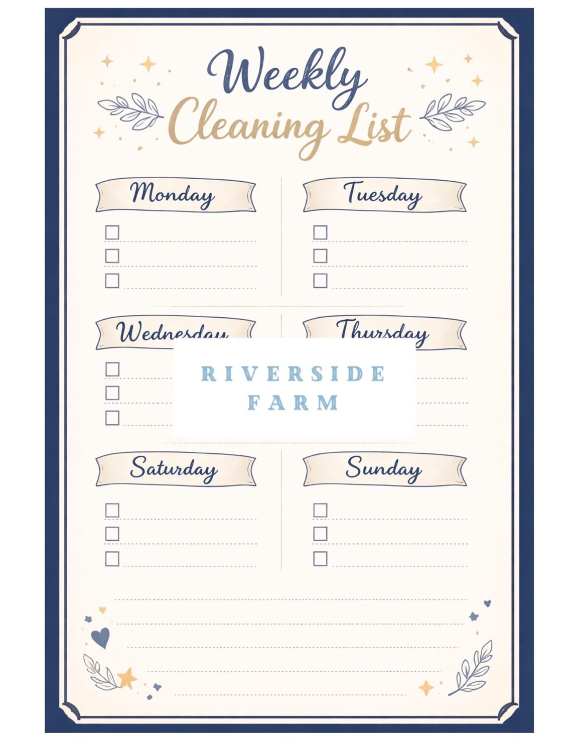 Weekly Cleaning List Printable | Cream & Navy Farmhouse Planner ...