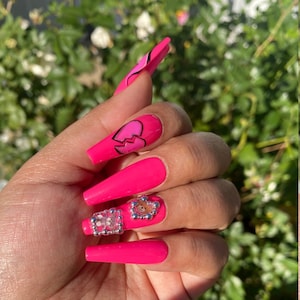 36. Trendy y2k gyaru pink flame heart teddy bears press on nails