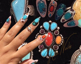 cowboy cowgirl western turquoise jewelry 3d press on nails silver metal accents