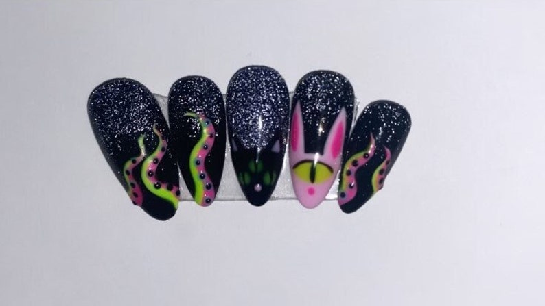 halloween nails fall nails handpainted alien press on nails tentacles glow in the dark image 2