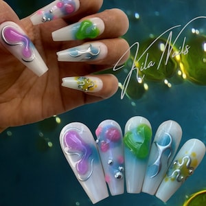 35. Trendy French tips y2k gyaru millennium summer Colorful Metal alienated abstract press on nails on milky white base