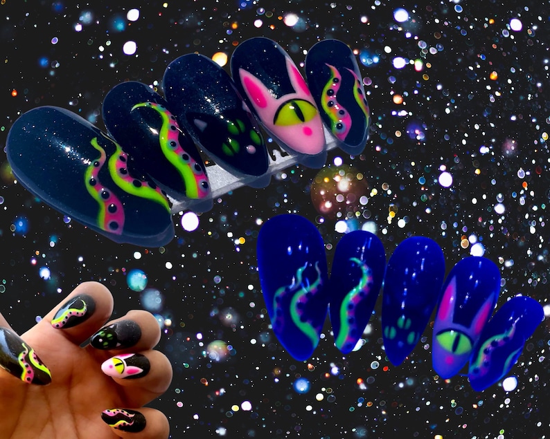 halloween nails fall nails handpainted alien press on nails tentacles glow in the dark image 1