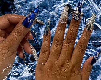 Space Metallic blue and silver with metal pearls and chains alien superstar holiday fancy press on nails punk