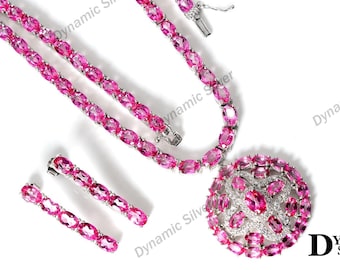 925 Solid Sterling Silver, Natural Pink Topaz Necklace Pendant Earring, November Birthstone, Wedding Necklace, Tennis Jewelry, Gift For Her