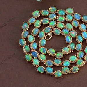 Naszyjnik z opalem tenisowym\ Naturalny etiopski opal Welo Cabochon\ Naszyjnik ze srebra 925\ 14-karatowe różowe złoto Vermeil\ Kamień urodzinowy października\ Prezent dla niej