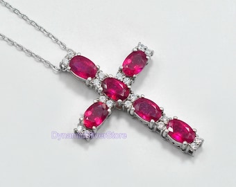 Natural Red Ruby Holy Cross Pendant Necklace, 925 Sterling Silver, July Birthstone, Ruby Jewelry, Unique Pendant, Bridal Gift, Gift For Her.