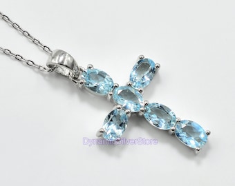 925 Sterling Silver, Natural Aquamarine Holy Cross Pendant Necklace, March Birthstone, Unique Pendant, Aquamarine Jewelry, Gift For Her
