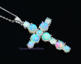 925 Sterling Silver\ Natural Ethiopian Welo Opal Cabochon Pendant Necklace\ Holy Cross Pendant\ October Birthstone\ Birthday Gift For Her