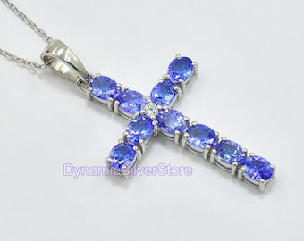 925 Sterling Silver, Natural Tanzanite Holy Cross Pendant Necklace, December Birthstone, Unique Pendant, Tanzanite Jewelry, Gift For Her