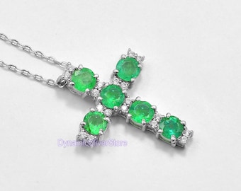 Natural Zambian Emerald Holy Cross Pendant Necklace, 925 Sterling Silver, Charm Pendant, Emerald Jewelry, Wedding Pendant, Gift For Her,