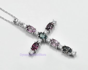 925 Sterling Silver\ Natural Multi Spinel Pendant Necklace\ August Birthstone\ Holy Cross Pendant\ Wedding Pendant\ Gift For Girlfriend.