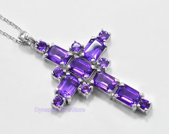 Natural Amethyst Pendant Necklace\ 925 Sterling Silver\ February Birthstone\ Holy Cross Pendant\Amethyst Jewelry\Women Pendant\ Gift For Her