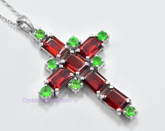 Natural Red Garnet & Tsavorite Green Garnet Pendant Necklace\ 925 Sterling Silver\ January Birthstone\ Holy Cross Pendant\ Gift For Her