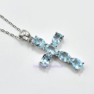 925 Sterling Silber, Natürlicher Aquamarin Heilige Kreuz Anhänger Halskette, März Geburtsstein, Einzigartiger Anhänger, Aquamarin Schmuck, Geschenk für Sie