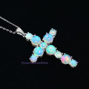 925 Sterling Silver\ Natural Ethiopian Welo Opal Cabochon Pendant Necklace\ Holy Cross Pendant\ October Birthstone\ Birthday Gift For Her