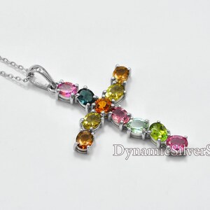 Natural Multi Tourmaline Pendant Necklace, 925 Sterling Silver, Holy Cross Pendant, October Birthstone, Tourmaline Jewelry, Wedding Pendant
