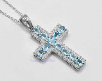 Natural 4X3 MM Aquamarine Holy Cross Pendant Necklace, 925 Sterling Silver, Charm Pendant, March Birthstone, Christmas Gift, Gift For Her