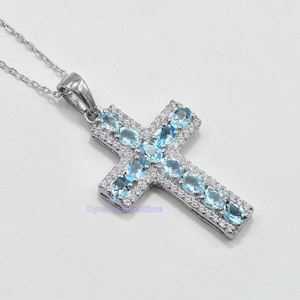 Natural 4X3 MM Aquamarine Holy Cross Pendant Necklace, 925 Sterling Silver, Charm Pendant, March Birthstone, Christmas Gift, Gift For Her