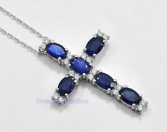 925 Sterling Silver, Natural Blue Sapphire Cross Pendant Necklace, September Birthstone, Sapphire Jewelry, Charm Pendant, Anniversary Gift
