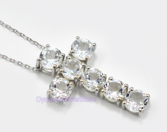 Natural Healing Crystal Holy Cross Pendant Necklace, 925 Sterling Silver, March Birthstone, Charm Pendent, Unique Pendant, Gift For Her