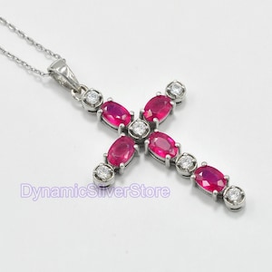 6X4 MM Natural Ruby Holy Cross Pendant Necklace, 925 Sterling Silver, July Birthstone, Cross Pendant, Ruby Jewelry, Gift For Girlfriend