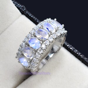 Natural Rainbow Moonstone Ring\ 925 Sterling Silver\ Half Eternity Ring\ June Birthstone\ Blue Fire Gemstone\ Engagement Ring\Proposal Ring